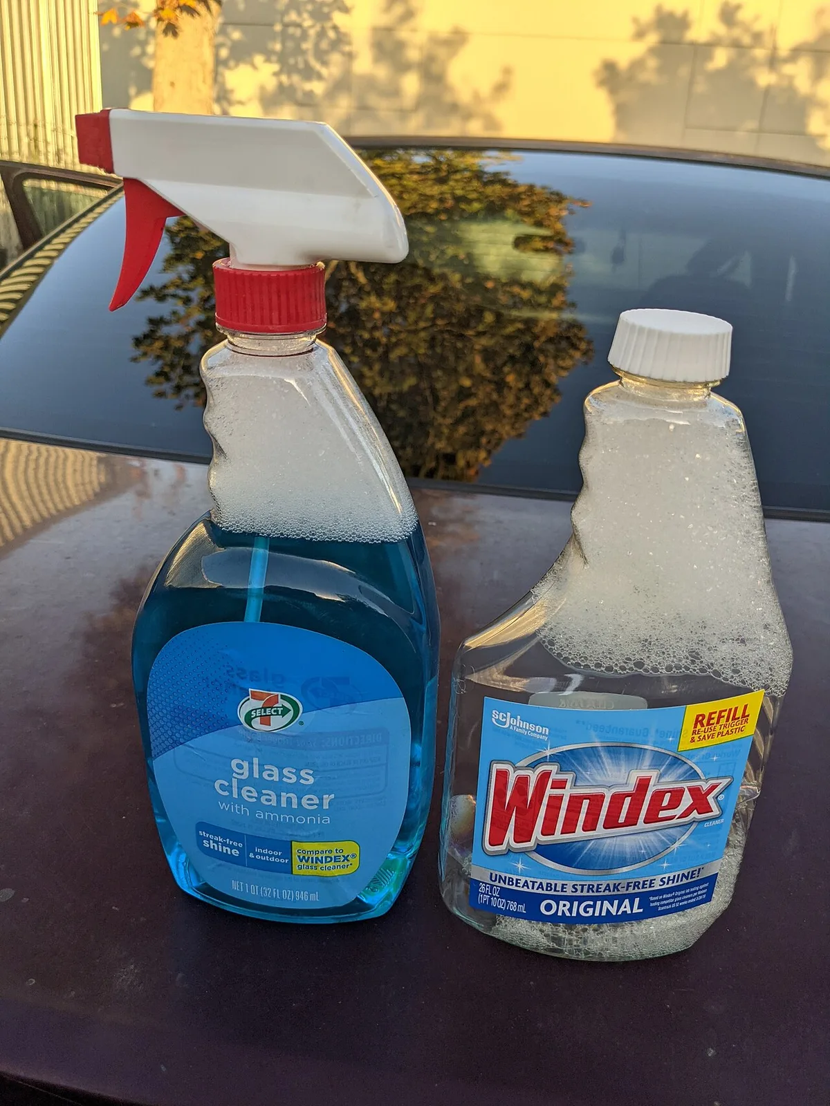7 Select Glass Cleaner 분무용기와 Windex Original 리필용기의 제품 라벨